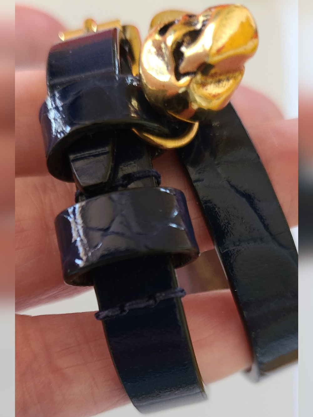 Alexander McQueen Navy Blue Skull Double Wrap Leather Croc Embossed Bracelet Euc - Picture 4 of 13